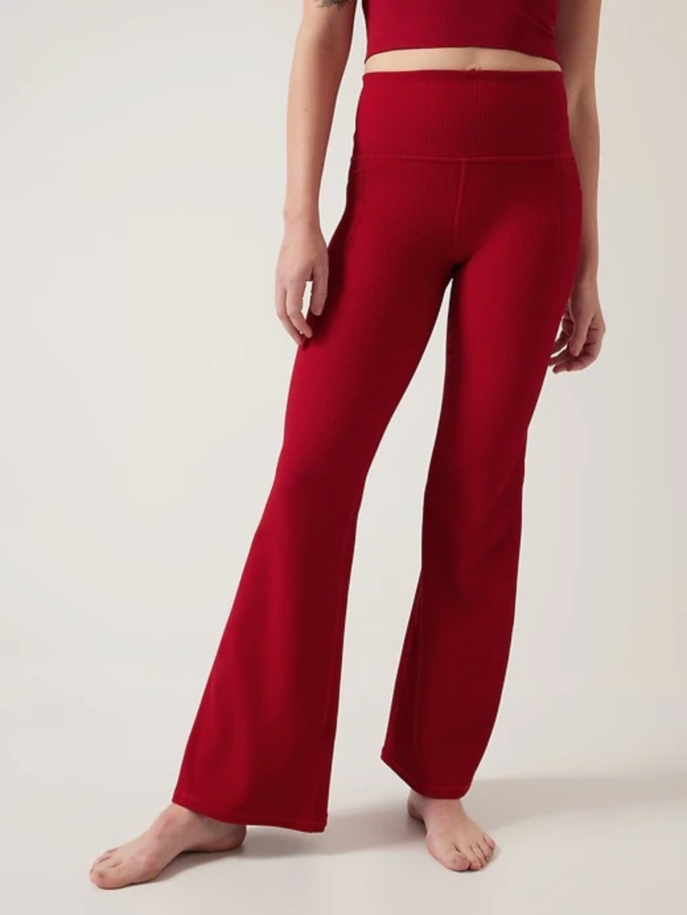 Athleta Salutation Stash Rib Flare Pant Candy Red Small Yoga Semi-Fitted